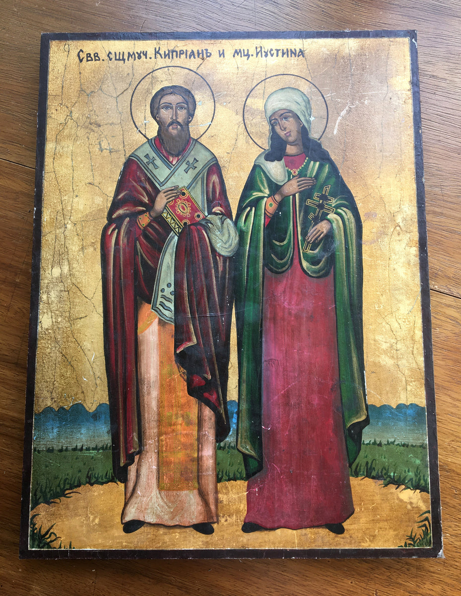 Large Vintage SAINT CYPRIAN OF ANTIOCH And JUSTINA Orthodox Altar Icon large-vintage-saint-cyprian-of-antioch-and-justina-orthodox-altar-icon